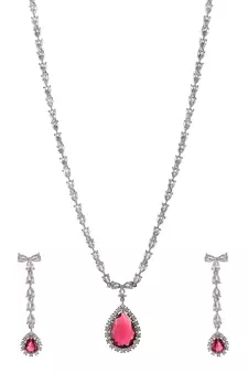 Silver Plated American Diamond Long Necklace Set