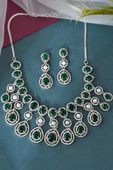 American Diamond Green Heavy Ethnic Necklace Set