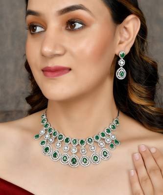 American Diamond Green Heavy Ethnic Necklace Set 1