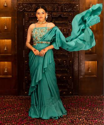 Emerald Green Embroidered Draped Sharara Saree Set 1