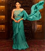 Emerald Green Embroidered Draped Sharara Saree Set