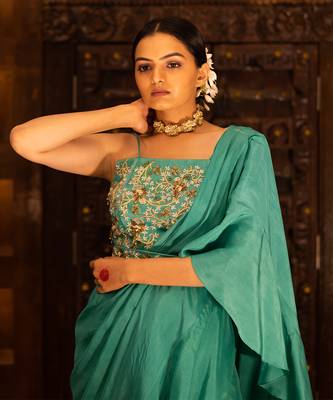 Emerald Green Embroidered Draped Sharara Saree Set 2