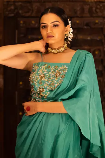 Emerald Green Embroidered Draped Sharara Saree Set