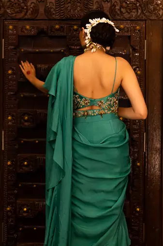 Emerald Green Embroidered Draped Sharara Saree Set