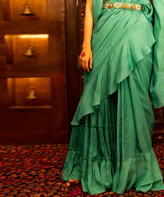 Emerald Green Embroidered Draped Sharara Saree Set 4