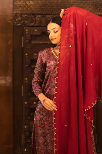 Red Embroidered Kurta Set