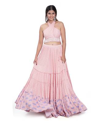 Peach Viscose & Satin Layered Printed Skirt Set 1