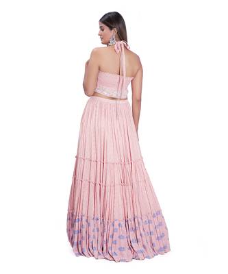 Peach Viscose & Satin Layered Printed Skirt Set 2