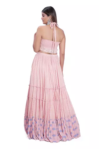 Peach Viscose & Satin Layered Printed Skirt Set