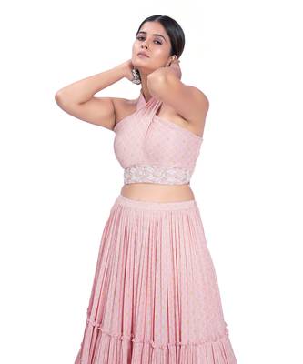 Peach Viscose & Satin Layered Printed Skirt Set 3