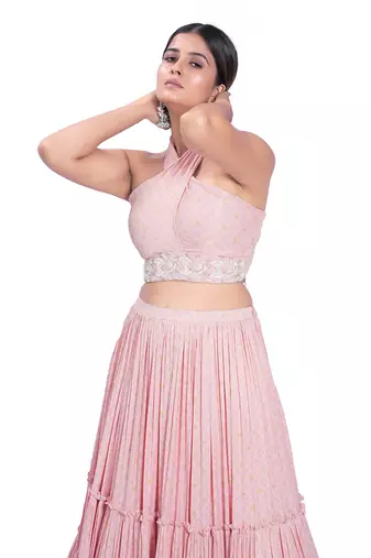 Peach Viscose & Satin Layered Printed Skirt Set