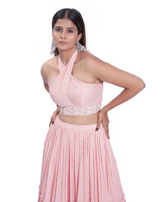 Peach Viscose & Satin Layered Printed Skirt Set 4