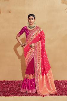 Pink embroidered silk saree with blouse