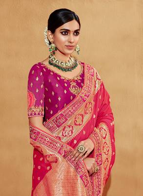 Pink embroidered silk saree with blouse 2