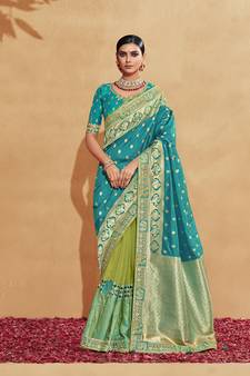 Turquoise embroidered silk saree with blouse