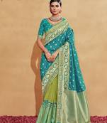 Turquoise embroidered silk saree with blouse