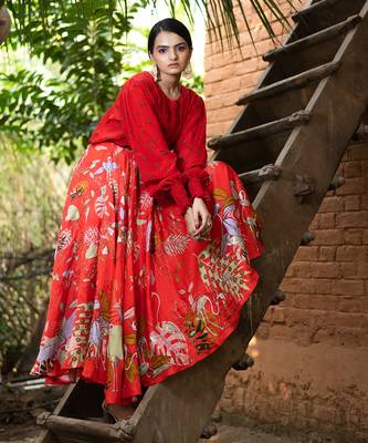Red Viscose Skirt Set 1