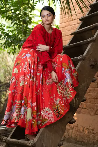 Red Viscose Skirt Set
