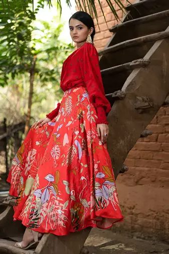 Red Viscose Skirt Set