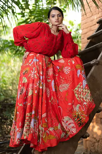 Red Viscose Skirt Set