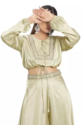 Olive Green Satin Palazzo Set