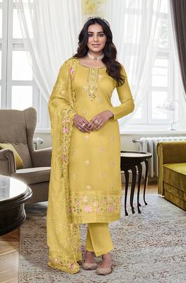 Yellow Color Viscose Silk Embroidered Straight Salwar Kameez 1