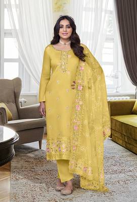 Yellow Color Viscose Silk Embroidered Straight Salwar Kameez 2