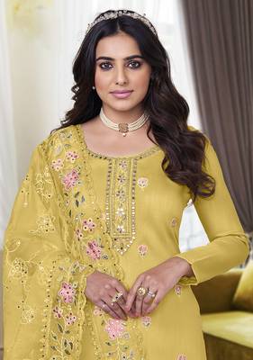 Yellow Color Viscose Silk Embroidered Straight Salwar Kameez 3
