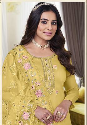 Yellow Color Viscose Silk Embroidered Straight Salwar Kameez 4