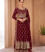 Wine Color Georgette Embroidered Sharara suit