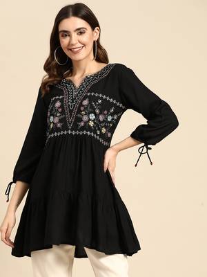 Women Black Rayon Floral Embroidered Top 1