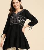 Women Black Rayon Floral Embroidered Top