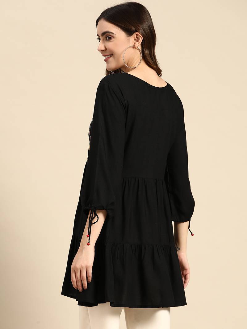 Women Black Rayon Floral Embroidered Top