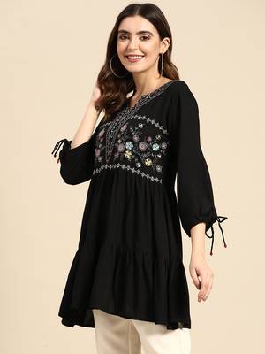 Women Black Rayon Floral Embroidered Top 3