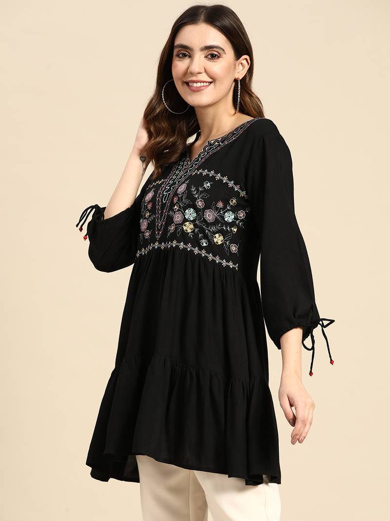 Women Black Rayon Floral Embroidered Top