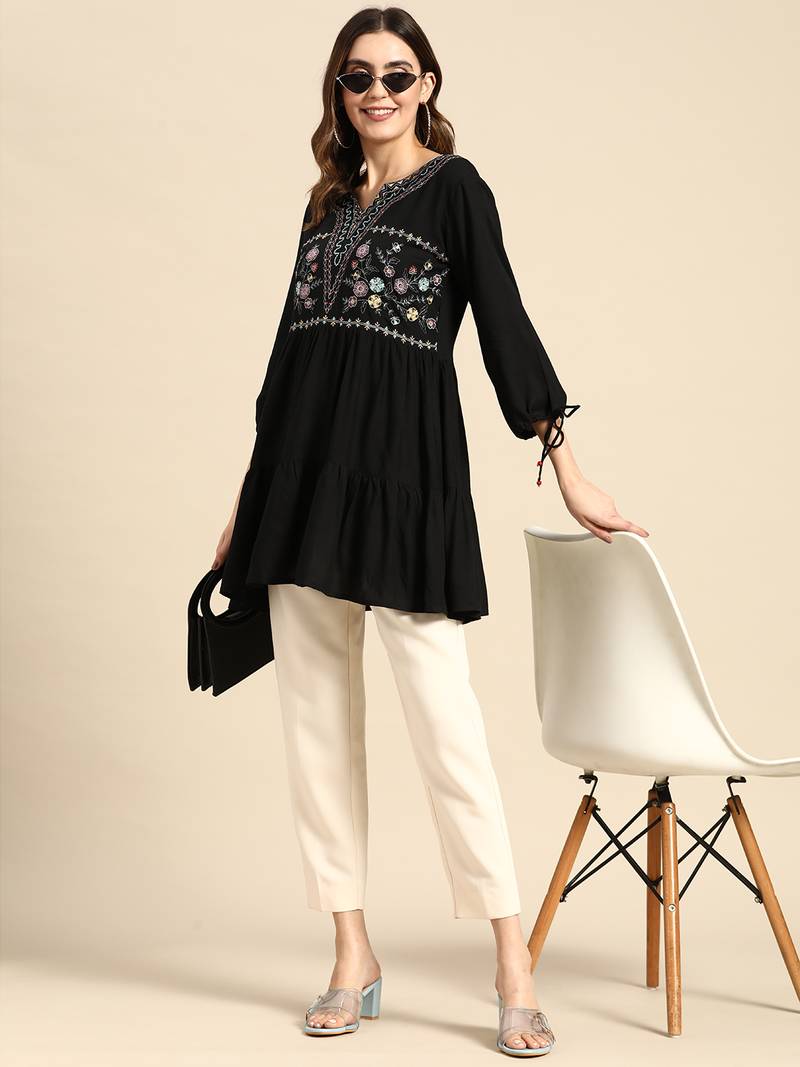 Women Black Rayon Floral Embroidered Top