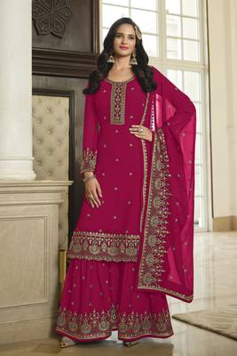 Pink Heavy Designer Sequance Embroidery Work Faux Georgette unstitched Long Length Kameez Sharara  party wear salwarsuit 1