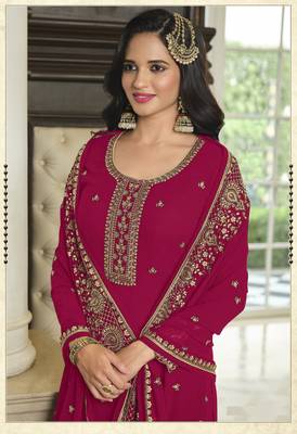 Pink Heavy Designer Sequance Embroidery Work Faux Georgette unstitched Long Length Kameez Sharara  party wear salwarsuit 2