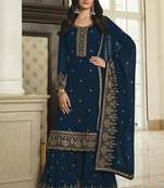 Blue Heavy Designer Sequance Embroidery Work Faux Georgette unstitched Long Length Kameez Sharara  party wear salwarsuit