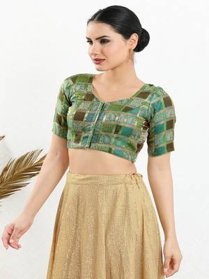 Jacquard Padded Front Open Elbow Sleeves Blouse 4