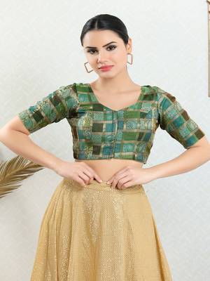 Jacquard Padded Front Open Elbow Sleeves Blouse 1