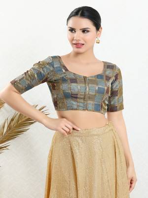 Jacquard Padded Front Open Elbow Sleeves Blouse 1