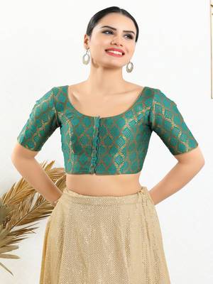 Jacquard Padded Front Open Elbow Sleeves Blouse 1
