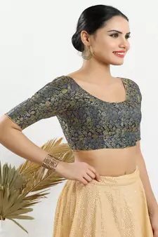 Jacquard Padded Front Open Elbow Sleeves Blouse