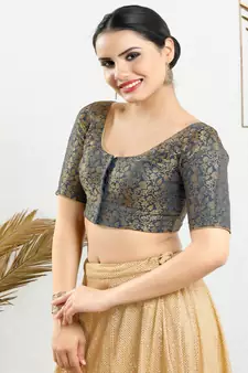 Jacquard Padded Front Open Elbow Sleeves Blouse