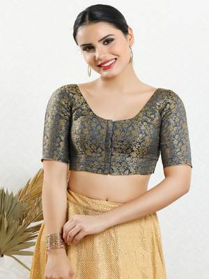 Jacquard Padded Front Open Elbow Sleeves Blouse 1