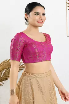 Jacquard Padded Front Open Elbow Sleeves Blouse