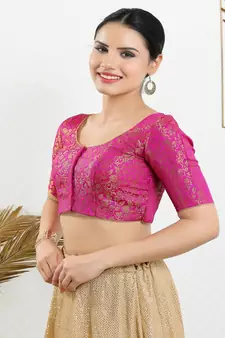 Jacquard Padded Front Open Elbow Sleeves Blouse