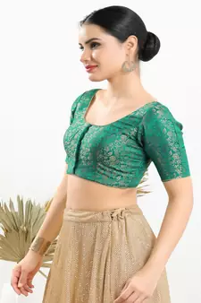 Jacquard Padded Front Open Elbow Sleeves Blouse