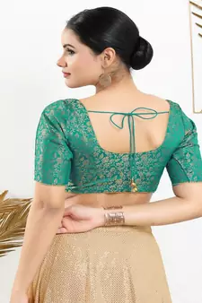Jacquard Padded Front Open Elbow Sleeves Blouse